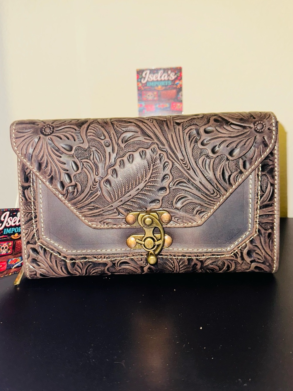 Embossed Floral Leather Wallet Clutch in Brown